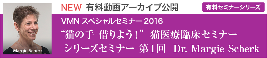 VMNスペシャルセミナー2016 “猫の手　借りよう！”　猫医療臨床セミナー シリーズセミナー 第1回 2016年12月3日（土）、12月4日（日） Dr. Margie Scherk